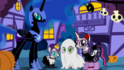 Size: 1280x720 | Tagged: safe, artist:hakunohamikage, nightmare moon, princess luna, spike, twilight sparkle, twilight sparkle (alicorn), oc, oc:nyx, alicorn, dragon, ghost, ask, ask-princesssparkle, bedsheet ghost, bodypaint, clothes, costume, dia de los muertos, dress, female, filly, flower, flower in hair, looking at you, mare, nightmare night, nightmare night costume, tumblr