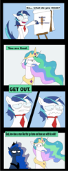 Size: 805x2034 | Tagged: dead source, safe, artist:hydoyezen, princess celestia, princess luna, shining armor, alicorn, pony, unicorn, comic, corndog, dialogue, m. night shaym-aliens!, parody, rick and morty