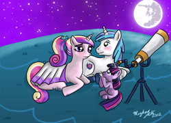 Size: 2300x1653 | Tagged: safe, artist:kuromi, princess cadance, shining armor, alicorn, pony, unicorn, fanfic, fanfic art, female, filly twilight sparkle, male, mare in the moon, moon, night, shiningcadance, shipping, straight, telescope