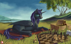 Size: 2560x1600 | Tagged: safe, artist:kirillk, oc, oc only, oc:nyx, alicorn, pony, alicorn oc, black, board game, cat eyes, chess, chess piece, chessboard, female, looking at you, mare, mountain, nature, purple hair, seductive, seductive pose, slit eyes, solo, tail, wallpaper, wings