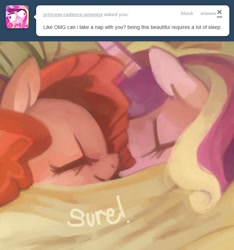 Size: 654x700 | Tagged: dead source, safe, artist:dhui, pinkie pie, princess cadance, alicorn, earth pony, pony, ask tired pie, bed, nap, sleeping