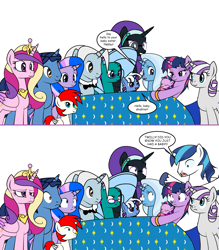 Size: 1053x1204 | Tagged: safe, artist:dekomaru, night light, princess cadance, shining armor, trixie, twilight sparkle, twilight velvet, oc, oc:aurora, oc:hazel lulamoon, oc:iniduoh, oc:mars, oc:nebula, oc:nyx, alicorn, pony, unicorn, alicorn oc, ask, baby, baby pony, colt, female, filly, lesbian, magical lesbian spawn, male, moment killer, newborn, offspring, parent:trixie, parent:twilight sparkle, parents:twixie, shining armor is a goddamn moron, shipping, simple background, tumblr, tumblr:ask twixie, twixie, white background