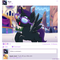 Size: 1080x1080 | Tagged: safe, applejack, oc, oc:nyx, alicorn, earth pony, pony, my little pony: the movie, blank flank, female, filly, flying, glasses, mlp movie pony maker, open mouth, smiling, sparkles, spread wings, vulgar, wings