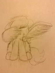 Size: 3024x4032 | Tagged: safe, artist:redcrow32, oc, oc only, oc:anon filly, pegasus, pony, dab, eyes closed, female, filly, question mark, sitting, sketch, traditional art, wide hips, wing dab, wing hands, wings