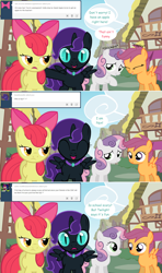 Size: 1280x2168 | Tagged: safe, artist:hakunohamikage, apple bloom, scootaloo, sweetie belle, oc, oc:nyx, alicorn, earth pony, pegasus, pony, unicorn, alicorn oc, ask, ask-princesssparkle, comic, cutie mark crusaders, eyes closed, female, filly, tumblr