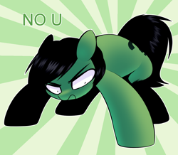 Size: 1098x957 | Tagged: safe, artist:killasher, oc, oc:anon filly, earth pony, pony, 4chan, angry, female, filly, no u, solo, sunburst background