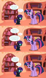 Size: 1280x2168 | Tagged: safe, artist:hakunohamikage, twilight sparkle, twilight sparkle (alicorn), oc, oc:nyx, alicorn, pony, alicorn oc, ask, ask-princesssparkle, comic, female, filly, golden oaks library, mare, sad, tumblr