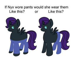 Size: 2000x1556 | Tagged: artist needed, safe, oc, oc only, oc:nyx, alicorn, pony, alicorn oc, clothes, dog pants, pants, simple background, solo, white background