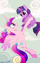 Size: 700x1082 | Tagged: safe, artist:awesomecoolwhip, princess cadance, twilight sparkle, unicorn twilight, alicorn, pony, unicorn, cloud, cloudy, cute, female, filly, filly twilight sparkle, flying, foalsitter, mare