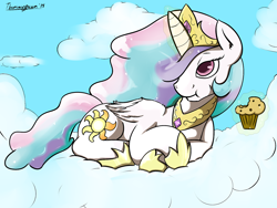 Size: 1280x960 | Tagged: safe, artist:thenicestperson, princess celestia, alicorn, pony, cloud, cloudy, eating, magic, muffin, sky, solo, telekinesis