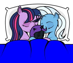 Size: 490x423 | Tagged: safe, artist:dekomaru, trixie, twilight sparkle, oc, oc:nyx, alicorn, bed, female, lesbian, shipping, twixie