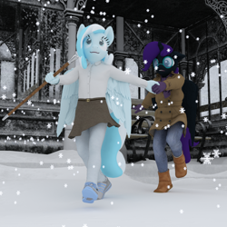 Size: 1500x1500 | Tagged: safe, artist:tahublade7, oc, oc only, oc:nyx, oc:snowdrop, alicorn, anthro, pegasus, plantigrade anthro, 3d, alicorn oc, anthro oc, bench, blind, boots, building, cane, clothes, coat, cute, daz studio, denim, duo, female, filly, glasses, gloves, holding hands, jeans, pants, pantyhose, shoes, skirt, skirt lift, sneakers, snow, snowfall, snowflake, walking