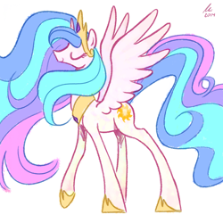 Size: 1200x1200 | Tagged: safe, artist:rwl, princess celestia, alicorn, pony, eyes closed, profile, simple background, smiling, solo, spread wings, walking, white background