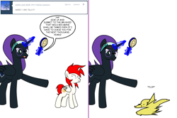 Size: 1204x800 | Tagged: safe, artist:dekomaru, oc, oc only, oc:mars, oc:nyx, alicorn, ask, brush, brushie, cardboard cutout, colt, cross-popping veins, magic, male, tumblr, tumblr:ask twixie