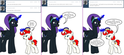 Size: 1808x800 | Tagged: safe, artist:dekomaru, oc, oc only, oc:mars, oc:nyx, alicorn, pony, ask, brush, colt, female, magic, male, mare, tumblr, tumblr:ask twixie