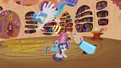 Size: 1912x1080 | Tagged: safe, applejack, fluttershy, pinkie pie, princess celestia, rainbow dash, rarity, twilight sparkle, alicorn, earth pony, pegasus, pony, unicorn, cake, golden oaks library, library, mane six, partillery, party cannon