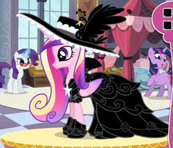 Size: 546x468 | Tagged: safe, princess cadance, rarity, twilight sparkle, alicorn, pony, unicorn, clothes, dress, gala dress, glasses, official