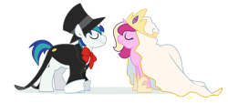 Size: 1277x575 | Tagged: safe, artist:egophiliac, princess cadance, shining armor, alicorn, pony, unicorn, clothes, female, hat, male, shiningcadance, shipping, straight, suit, top hat