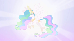 Size: 1280x720 | Tagged: safe, screencap, princess celestia, alicorn, pony, lesson zero, angry, ethereal mane, female, floating, looking down, magic, mare, solo, spread wings, wings