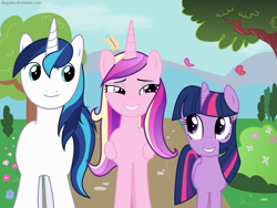 Size: 1465x1100 | Tagged: safe, artist:diegotan, princess cadance, shining armor, twilight sparkle, alicorn, pony, unicorn, brother and sister, female, horn, male, mare, siblings, stallion
