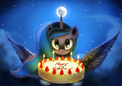 Size: 5000x3535 | Tagged: safe, artist:anticular, princess luna, alicorn, pony, cake, female, happy birthday, looking at you, mare, moon, night, smiling, solo