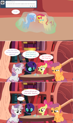 Size: 1280x2168 | Tagged: safe, artist:hakunohamikage, apple bloom, scootaloo, sunset shimmer, sweetie belle, trixie, oc, oc:nyx, alicorn, pony, ask, ask-princesssparkle, cutie mark crusaders, female, filly, golden oaks library, lesbian, magic, pointy ponies, shipping, suntrix, toy, tumblr