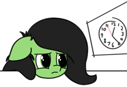 Size: 3078x2123 | Tagged: safe, artist:czu, oc, oc only, oc:anon filly, pony, adoranon, bored, clock, cute, female, filly, simple background, solo, white background