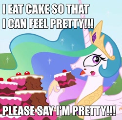 Size: 872x859 | Tagged: safe, princess celestia, alicorn, pony, cake, cakelestia, eating, eating disorder, image macro, meme, solo