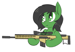 Size: 3580x2520 | Tagged: safe, artist:exvius, oc, oc:anon, oc:anon filly, pony, cute, female, filly, gun, happy, rifle, simple background, solo, weapon, white background