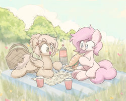 Size: 2560x2048 | Tagged: safe, artist:sugar morning, oc, oc:kayla, oc:mary jane, earth pony, pegasus, pony, bag, cloud, commission, couple, cute, eating, female, flower, food, grass, kayry, lesbian, map, mare, oc x oc, picnic, plastic cup, prone, scenery, shipping, sketch, sky, soda, subway, tree