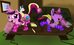 Size: 1300x800 | Tagged: safe, artist:angelstar7, princess cadance, shining armor, twilight sparkle, alicorn, pony, unicorn, blushing, cape, clothes, filly, karaoke, socks, striped socks