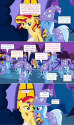 Size: 1280x2168 | Tagged: safe, artist:hakunohamikage, applejack, fluttershy, pinkie pie, rainbow dash, rarity, sunset shimmer, trixie, twilight sparkle, twilight sparkle (alicorn), oc, oc:nyx, alicorn, earth pony, pegasus, pony, unicorn, ask, ask-princesssparkle, cape, clothes, female, hat, leg cast, lesbian, mane six, night, nightmare night, pronking, shipping, suntrix, trixie's cape, trixie's hat, tumblr