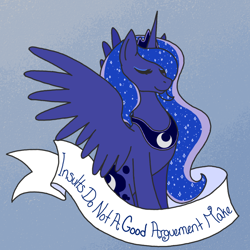 Size: 800x800 | Tagged: safe, artist:lovelywaifu, princess luna, alicorn, pony, eyes closed, mouthpiece, old banner, positive message, positive ponies, smiling, solo, spread wings