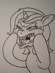 Size: 600x800 | Tagged: safe, artist:anonymous, oc, oc only, oc:nyx, alicorn, pony, black and white, bust, drawthread, faic, female, filly, grayscale, monochrome, ponified reaction image, raised hoof, request, silly face, simple background, solo, traditional art