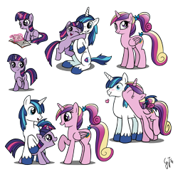 Size: 1320x1280 | Tagged: safe, artist:glancojusticar, princess cadance, shining armor, twilight sparkle, alicorn, pony, unicorn, book, cute, filly, heart, hug, kissing, simple background, transparent background, twiabetes