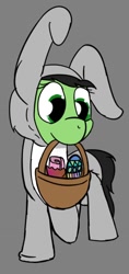 Size: 602x1280 | Tagged: safe, artist:prncsk, oc, oc:anon filly, pony, adoranon, adorkable, animal costume, basket, bunny costume, clothes, costume, cute, diaper, dork, easter, easter basket, easter bunny, easter egg, egg, female, filly, holiday, kigurumi, onesie, simple background, solo