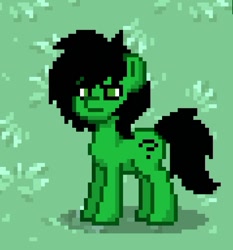 Size: 716x767 | Tagged: safe, oc, oc:anon, oc:anon filly, earth pony, pony, /mlp/, 4chan, alone, black mane, close-up, female, filly, food, grass, green, green coat, green eyes, grumpy, not happy, pixel art, pony town, question mark, serious, serious face, solo, standing