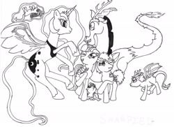 Size: 2237x1630 | Tagged: safe, artist:lilium666, discord, princess luna, twilight sparkle, oc, alicorn, pony, monochrome