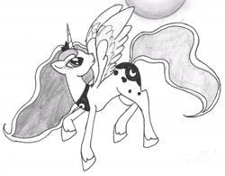 Size: 1972x1536 | Tagged: safe, artist:lilium666, princess luna, alicorn, pony, female, horn, mare, monochrome, solo