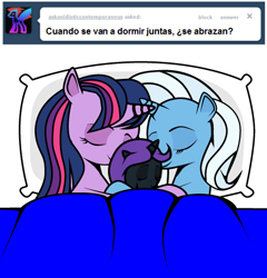 Size: 490x511 | Tagged: safe, artist:dekomaru, trixie, twilight sparkle, oc, oc:nyx, alicorn, pony, unicorn, ask, bed, female, lesbian, shipping, spanish, translation, tumblr, tumblr:ask twixie, twixie