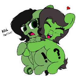 Size: 751x748 | Tagged: safe, artist:redcrow32, color edit, edit, oc, oc only, oc:anon filly, pony, angry, chest fluff, colored, exclamation point, eyes closed, female, filly, frog (hoof), happy, heart, hug, kill yourself, question mark, solo, underhoof, vulgar