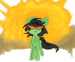 Size: 657x541 | Tagged: artist needed, safe, oc, oc only, oc:anon filly, earth pony, pony, badass, chest fluff, explosion, female, filly, kamina sunglasses, raised hoof, smoke, walking away from explosion, wide hips