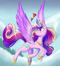 Size: 800x871 | Tagged: safe, artist:whitephox, princess cadance, alicorn, pony, female, flying, heart, mare, snow, solo