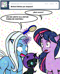 Size: 488x600 | Tagged: safe, artist:dekomaru, edit, trixie, twilight sparkle, oc, oc:nyx, alicorn, pony, unicorn, ask, brush, female, glitter, lesbian, magic, shipping, spanish, telekinesis, translation, tumblr, tumblr:ask twixie, twixie