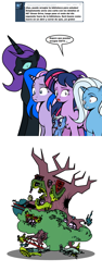 Size: 600x1600 | Tagged: safe, artist:dekomaru, edit, trixie, twilight sparkle, oc, oc:midnight, oc:nebula, oc:nyx, alicorn, pony, unicorn, ask, comic, female, golden oaks library, lesbian, magical lesbian spawn, offspring, parent:trixie, parent:twilight sparkle, parents:twixie, shipping, spanish, translation, tumblr, tumblr:ask twixie, twixie