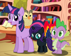 Size: 1845x1455 | Tagged: safe, artist:sersys, artist:unfiltered-n, edit, owlowiscious, peewee, spike, twilight sparkle, oc, oc:nyx, alicorn, dragon, 4chan, drawthread, family photo, golden oaks library, requested art, vector