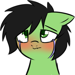 Size: 919x922 | Tagged: safe, artist:neuro, oc, oc only, oc:anon filly, earth pony, pony, blushing, bust, crying, female, filly, looking up at you, sad, simple background, transparent background, wavy mouth