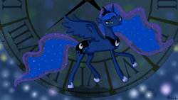 Size: 2732x1536 | Tagged: safe, artist:foudubulbe, princess luna, alicorn, pony, clock, looking at you, solo