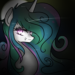 Size: 1000x1000 | Tagged: safe, artist:jankrys00, princess celestia, alicorn, pony, bedroom eyes, darkness, fangs, looking at you, smiling, solo, sparkles