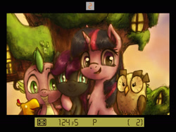 Size: 1607x1200 | Tagged: safe, artist:plotcore, owlowiscious, peewee, spike, twilight sparkle, unicorn twilight, oc, oc:nyx, alicorn, dragon, owl, phoenix, pony, unicorn, fanfic:past sins, adopted offspring, alicorn oc, camera, camera shot, drawthread, family, family photo, female, filly, golden oaks library, looking at you, male, mare, mother and child, mother and daughter, parent and child, request, side hug, slit eyes, smiling
